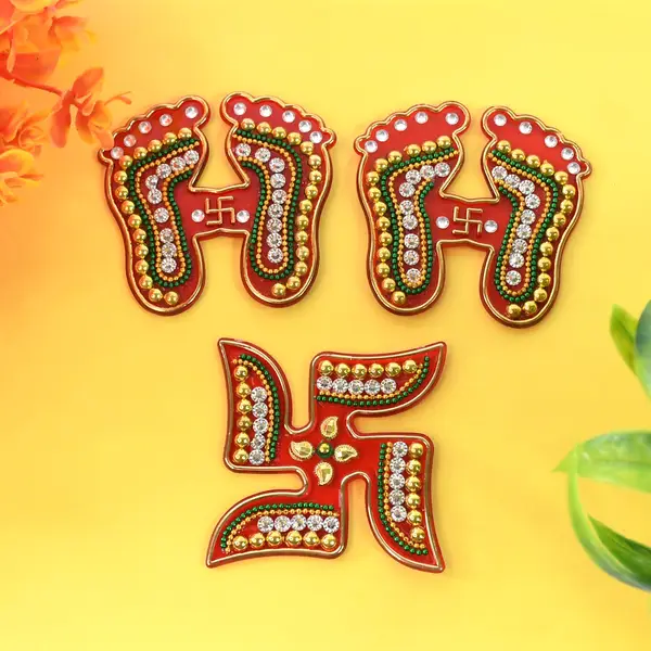 [19107_charan_n_swastik_sticker_3pc] Decorative Laxmi Charan (Pagla) & Swastik Combo Set (3pc Set)