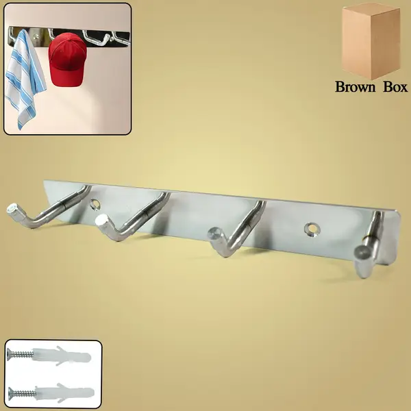 [15534_ss_wall_mounted_4hook_rack_1pc] Stainless Steel Wall Mounted Coat 4 Hook Rack (20x3 / 1 Pc)