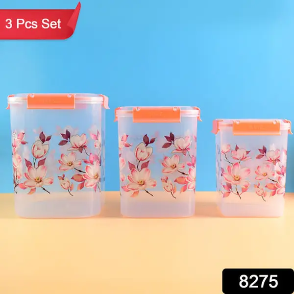 [8275_plastic_airtight_storage_container_3pc] Square 3 Pcs Floral Printed Airtight Storage Container Set – Approx 2.8 Ltr, 4.5 Ltr, 6.9 Ltr (3 Pcs Set)